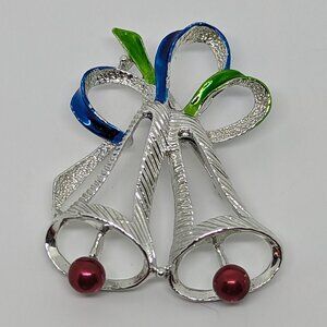 Vintage Gerrys Silver-Tone Holiday Bell Brooch With Red Accents & Enamel Ribbon